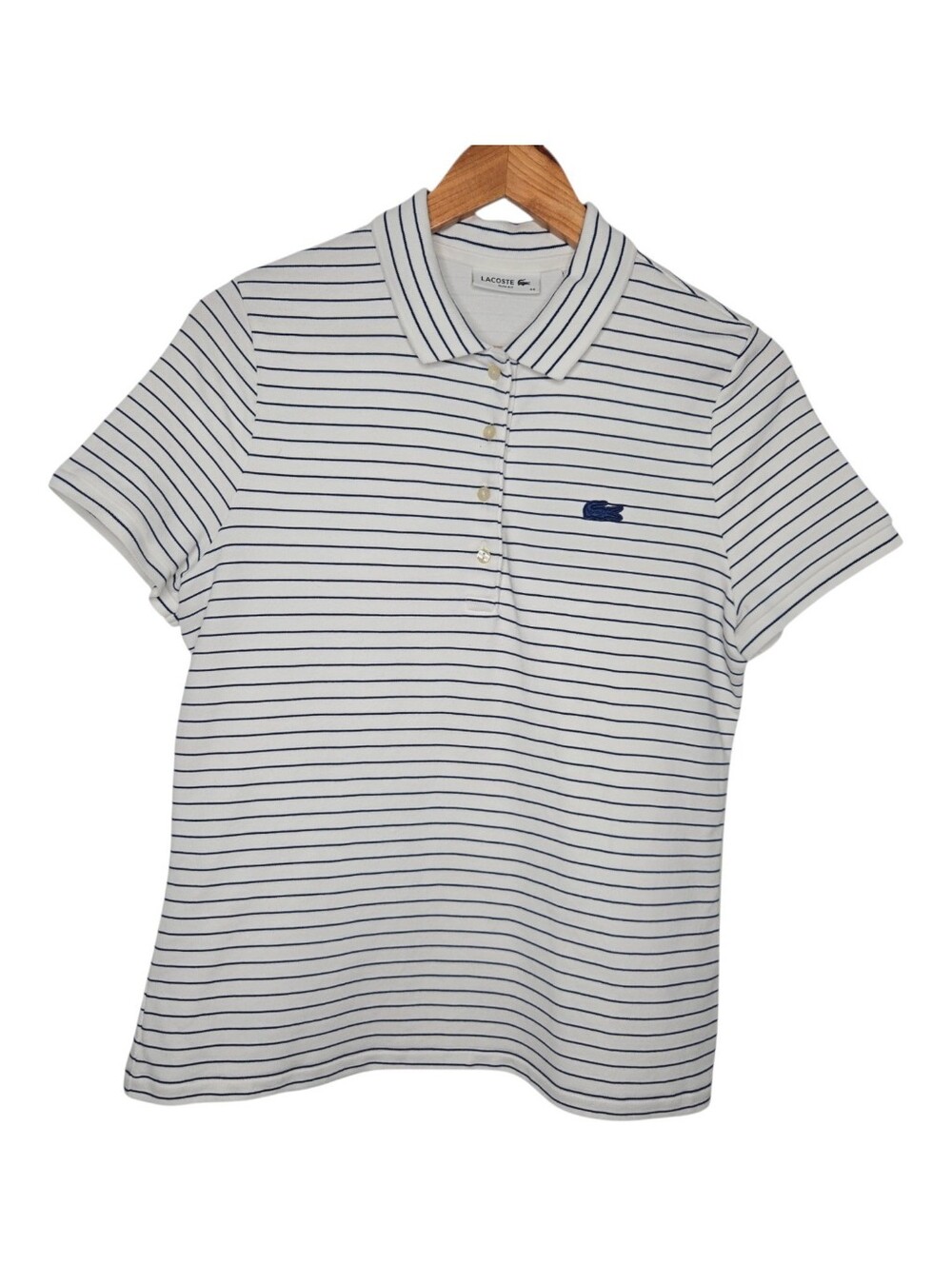 Lacoste Womens White Navy Blue Striped Textured Slim Fit Polo Shirt 44 (US 12)